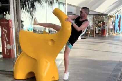 A British tourist went viral after faceplanting while trying to ride a plastic elephant in Tenerife, sending both crashing down after a few too many champagne cocktails.