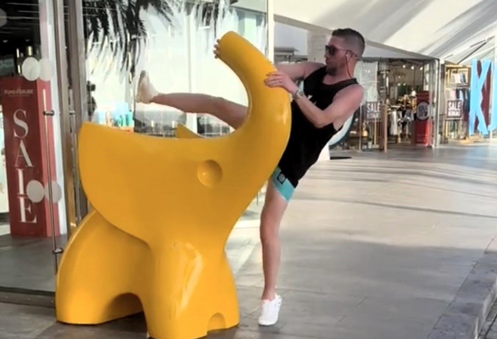 A British tourist went viral after faceplanting while trying to ride a plastic elephant in Tenerife, sending both crashing down after a few too many champagne cocktails.