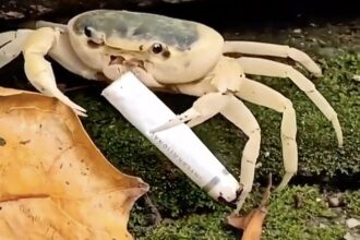 A rare freshwater crab in Taiwan was seen carrying a cigarette butt highlighting the threat of littering as toxic waste pushes the Geothelphusa makatao species closer to extinction.