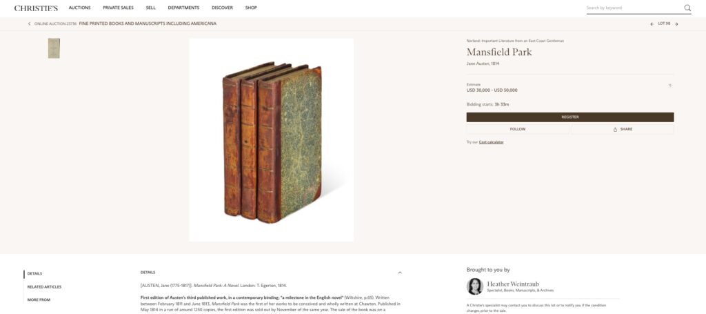 Rare first editions of Jane Austen classics including Pride and Prejudice are up for auction at Christie’s New York alongside works by Columbus and Marco Polo.