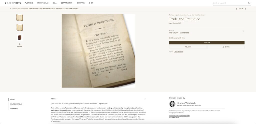 Rare first editions of Jane Austen classics including Pride and Prejudice are up for auction at Christie’s New York alongside works by Columbus and Marco Polo.