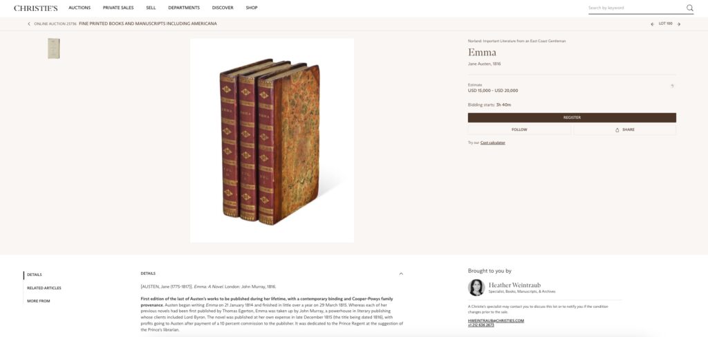 Rare first editions of Jane Austen classics including Pride and Prejudice are up for auction at Christie’s New York alongside works by Columbus and Marco Polo.