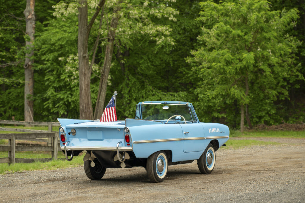 A rare 1965 Amphicar 770 that drives on land and sails on water is up for sale for £45,000, reaching 70mph on roads and 7mph at sea, just like a James Bond car.