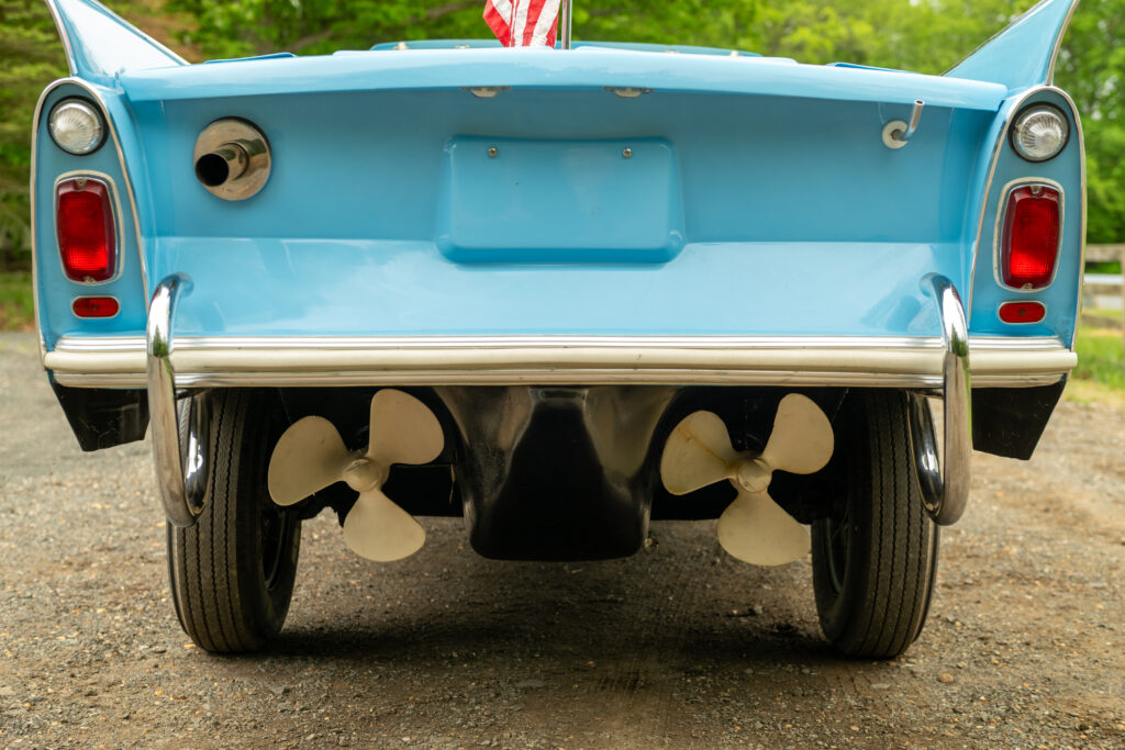 A rare 1965 Amphicar 770 that drives on land and sails on water is up for sale for £45,000, reaching 70mph on roads and 7mph at sea, just like a James Bond car.