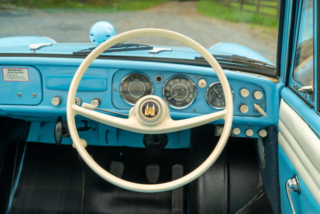 A rare 1965 Amphicar 770 that drives on land and sails on water is up for sale for £45,000, reaching 70mph on roads and 7mph at sea, just like a James Bond car.