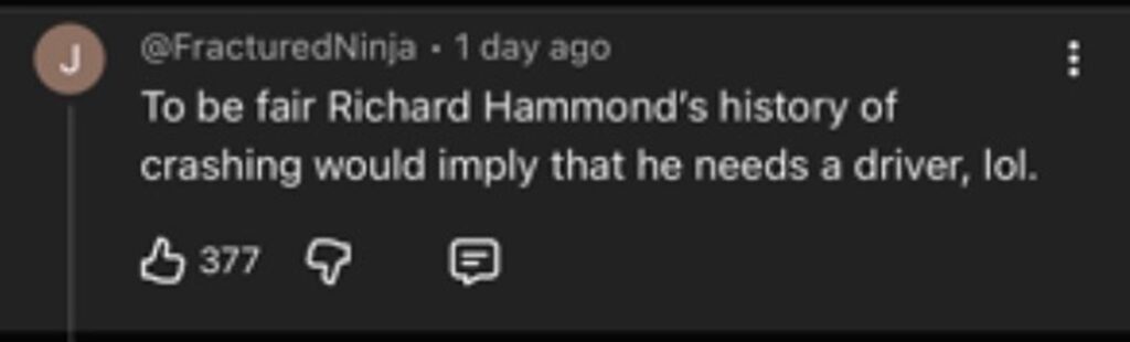 Social media comment on the post of James May poked fun at his Top Gear co-stars, revealing Jeremy Clarkson and Richard Hammond often had drivers instead of driving themselves, calling it strange for car show hosts.