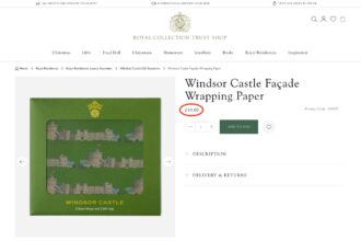 King Charles is selling two sheets of Windsor Castle-themed Christmas wrapping paper for £10, with royal fans branding it pricey as it comes without festive patterns and high delivery costs.