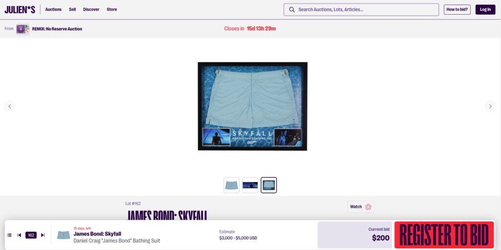 Daniel Craig’s iconic blue swimming trunks from Skyfall are up for auction, expected to fetch £3,715, with bids already coming in for the famous 007 swimwear scene.