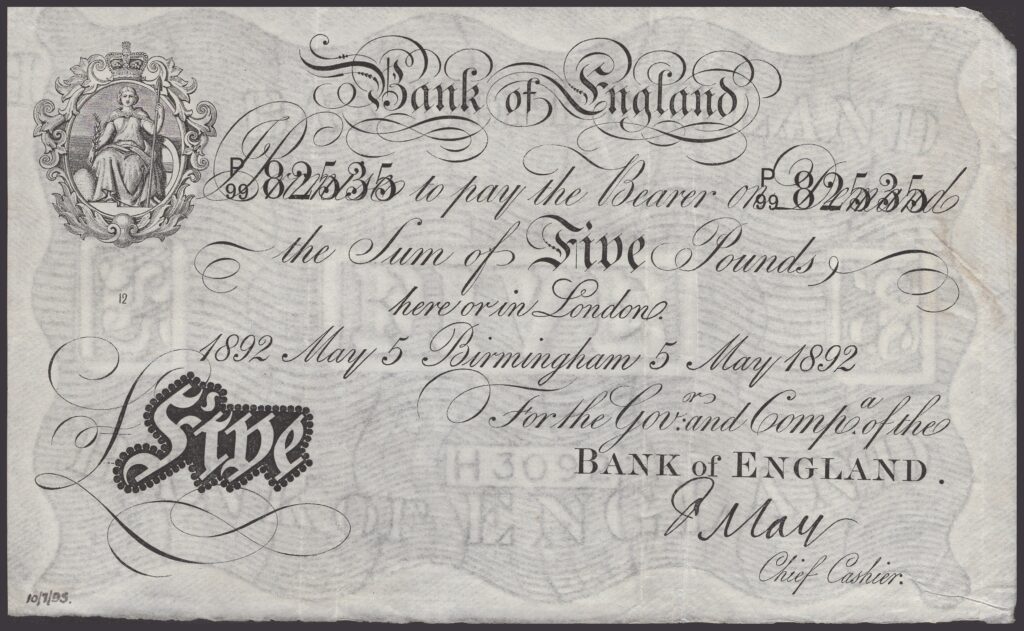 A rare 133-year-old Bank of England £5 note from 1892 is going up for sale at £25,000, making it one of the rarest Birmingham notes and a collector’s dream find.