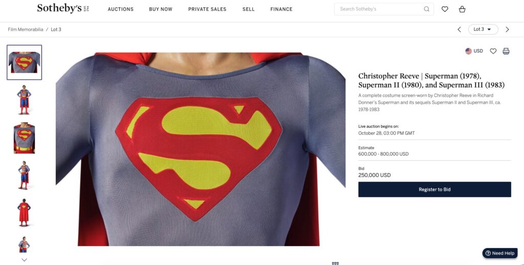 Christopher Reeve’s original Superman costume is expected to fetch up to £600,000 at Sotheby’s New York auction, alongside iconic props from Star Wars, Iron Man and James Bond.