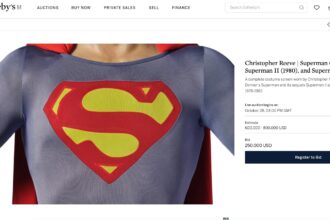 Christopher Reeve’s original Superman costume is expected to fetch up to £600,000 at Sotheby’s New York auction, alongside iconic props from Star Wars, Iron Man and James Bond.