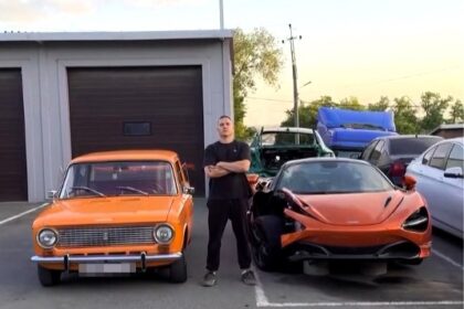 Stuntman swaps wrecked £200k McLaren for cheap Lada after motorway crash - Evgeny Chebotarev jokes about moving on as he customises old car with McLaren stickers and spoiler.