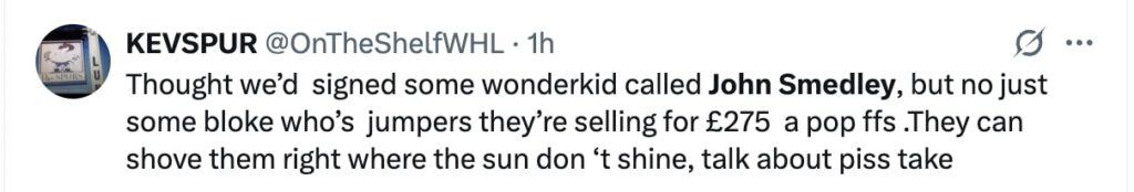 Social media comment on the post of Tottenham fans fume over £140 scarf in new John Smedley designer range - luxury Spurs collection branded out of touch as supporters slam sky-high prices and timing.