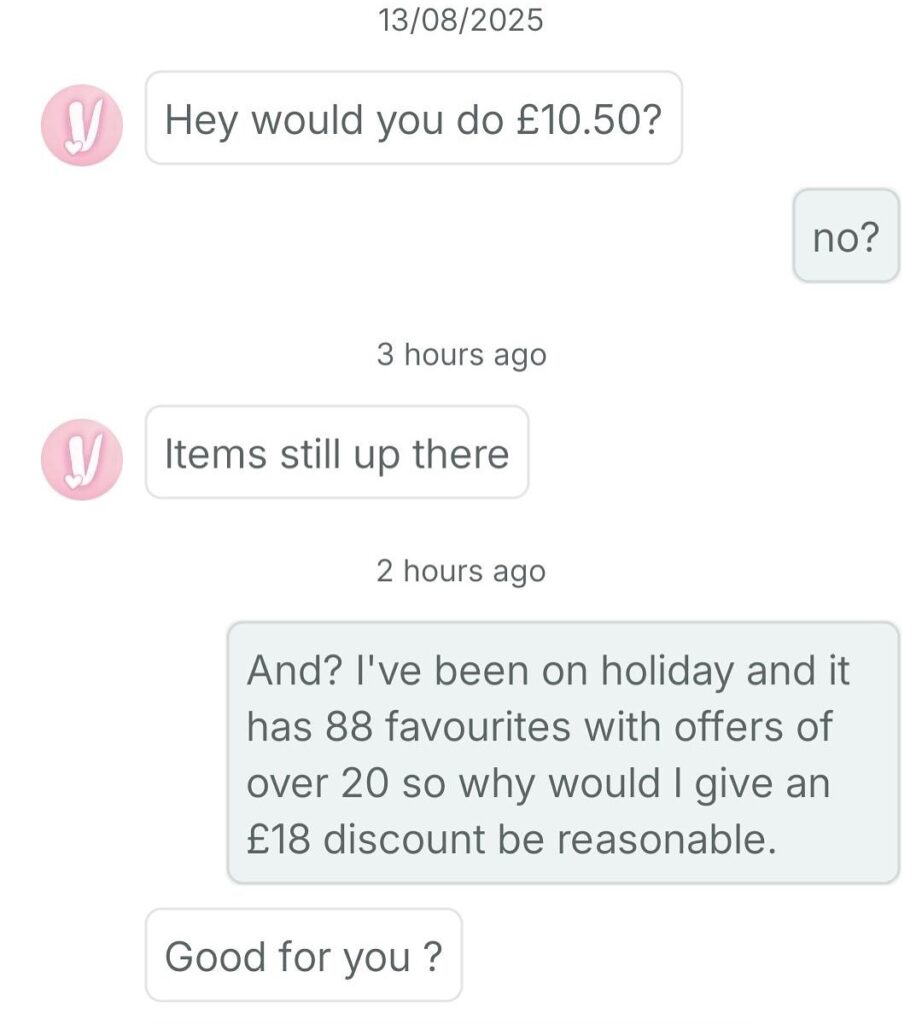 A Vinted seller and buyer became embroiled in a two-week row over a £10.50 offer on a £28 Ralph Lauren top, with their petty insults and sarcastic exchanges going viral online.