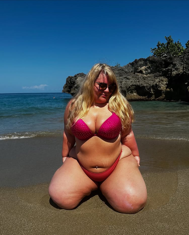 Plus size influencer Carly known as Cocacarly says parents hide their kids when she wears a bikini and admits to snapping chairs but insists she won’t shrink to please others.