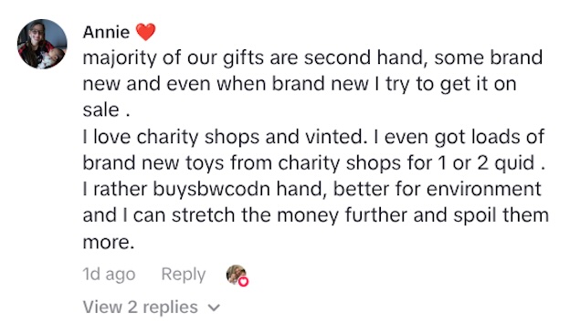 Social media comment on the post of Mum saves big on Christmas by buying second hand toys on Vinted scooping bargain Disney dolls and vintage finds while stretching her budget further and inspiring others to shop preloved.