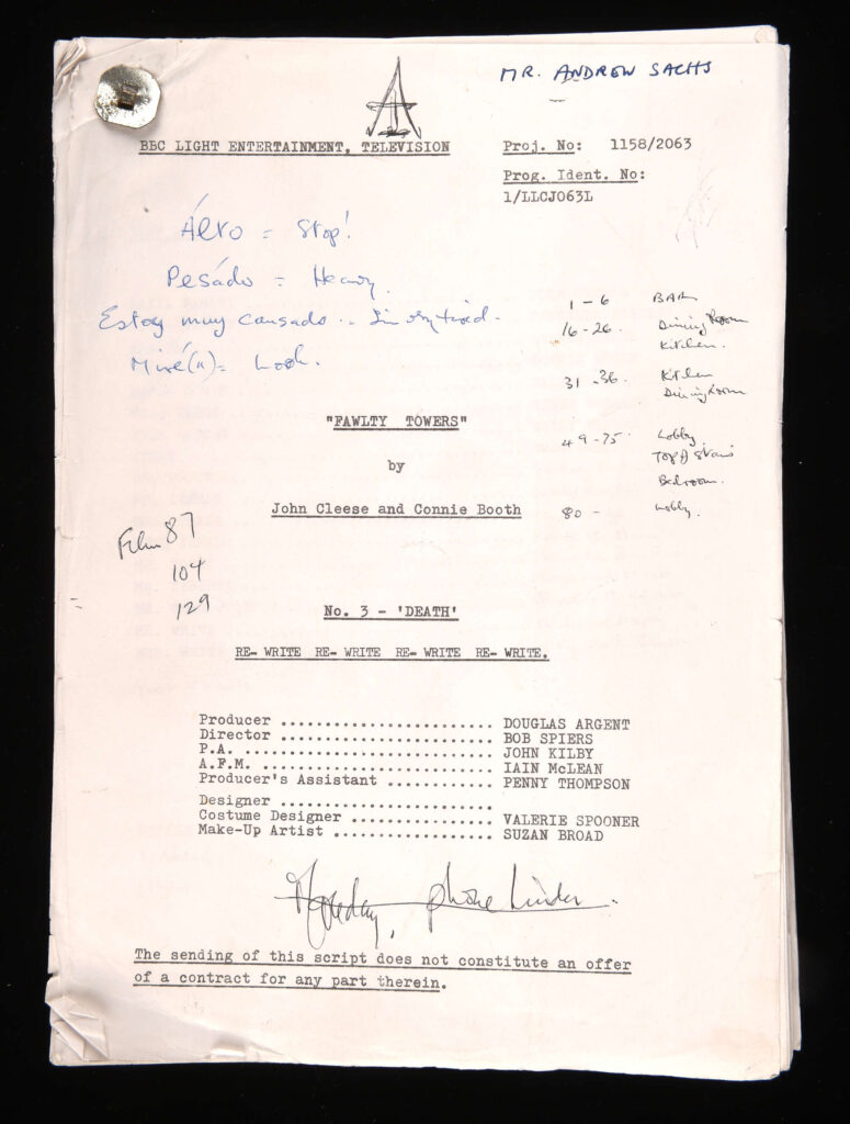 Andrew Sachs’ original Fawlty Towers scripts, including Basil the Rat and The Kipper and the Corpse, are set to fetch over £5,000 at auction in Woking, Surrey.