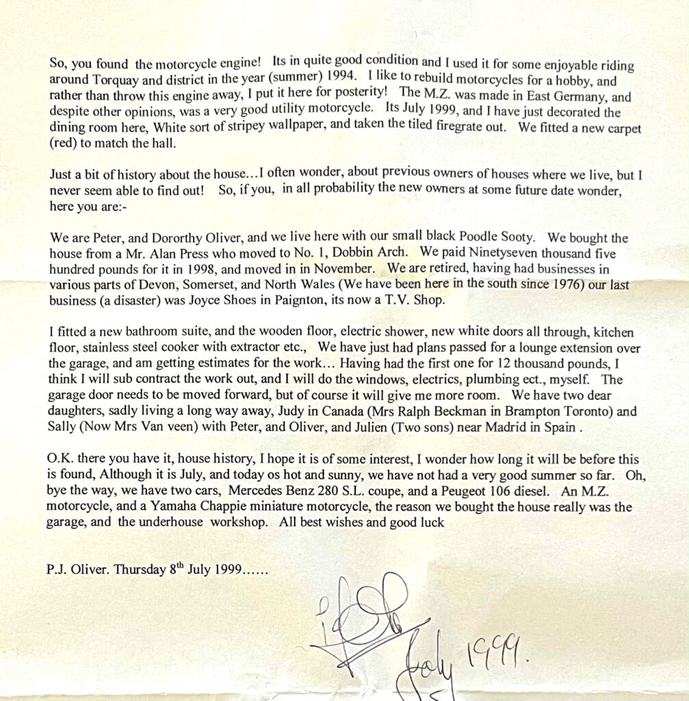 A homeowner was stunned to find a pristine motorbike engine and a 1999 letter hidden under his floorboards - a nostalgic time capsule from the house’s former owner in Devon.