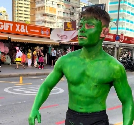 the Lad who turns himself bright green for days after using textile paint to dress as the Hulk in Benidorm