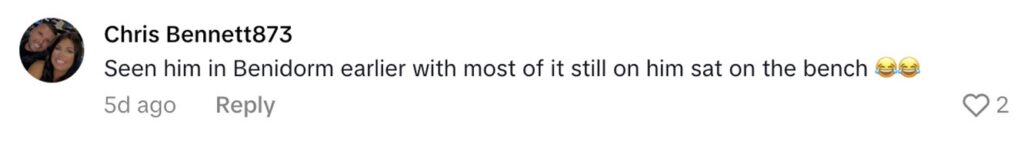 Social media comment on the post of the Lad who turns himself bright green for days after using textile paint to dress as the Hulk in Benidorm