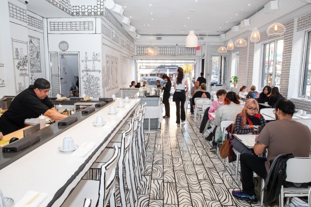 Shirokuro in NYC offers an omakase experience inside a hand painted black and white 2D world blending art and dining for a surreal immersive meal unlike anything else today.