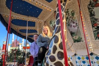 Sasha (R) with her partner, Rhian (L) at the Christmas market in Copenhagen.