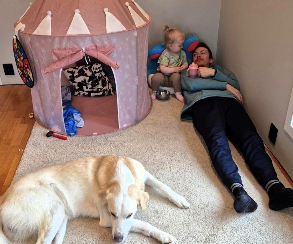 Joakim with his two-year-old daughter and his dog, Bolt