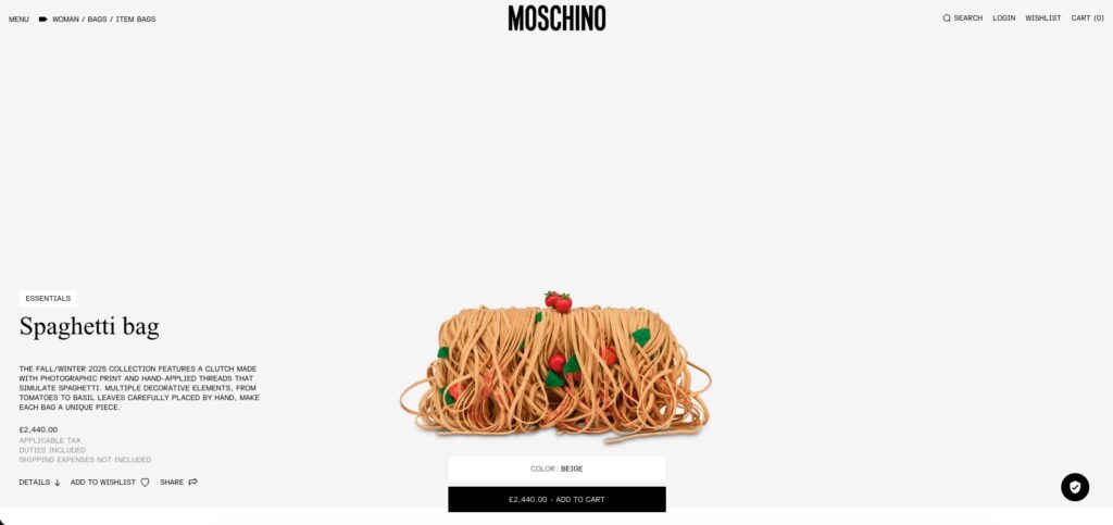 Moschino’s spaghetti bag is on sale for £2,440 on their website.