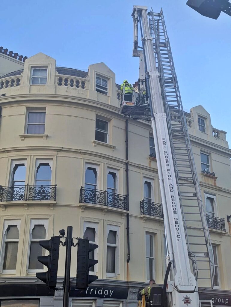 A tangled seagull sparked a dramatic multi crew rescue on Brighton seafront after getting caught in loose netting five storeys up before the RSPCA freed and released the feisty bird safely.