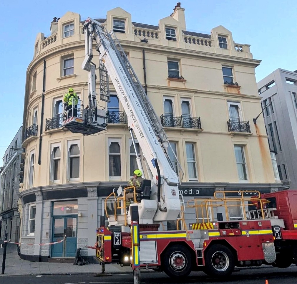 A tangled seagull sparked a dramatic multi crew rescue on Brighton seafront after getting caught in loose netting five storeys up before the RSPCA freed and released the feisty bird safely.