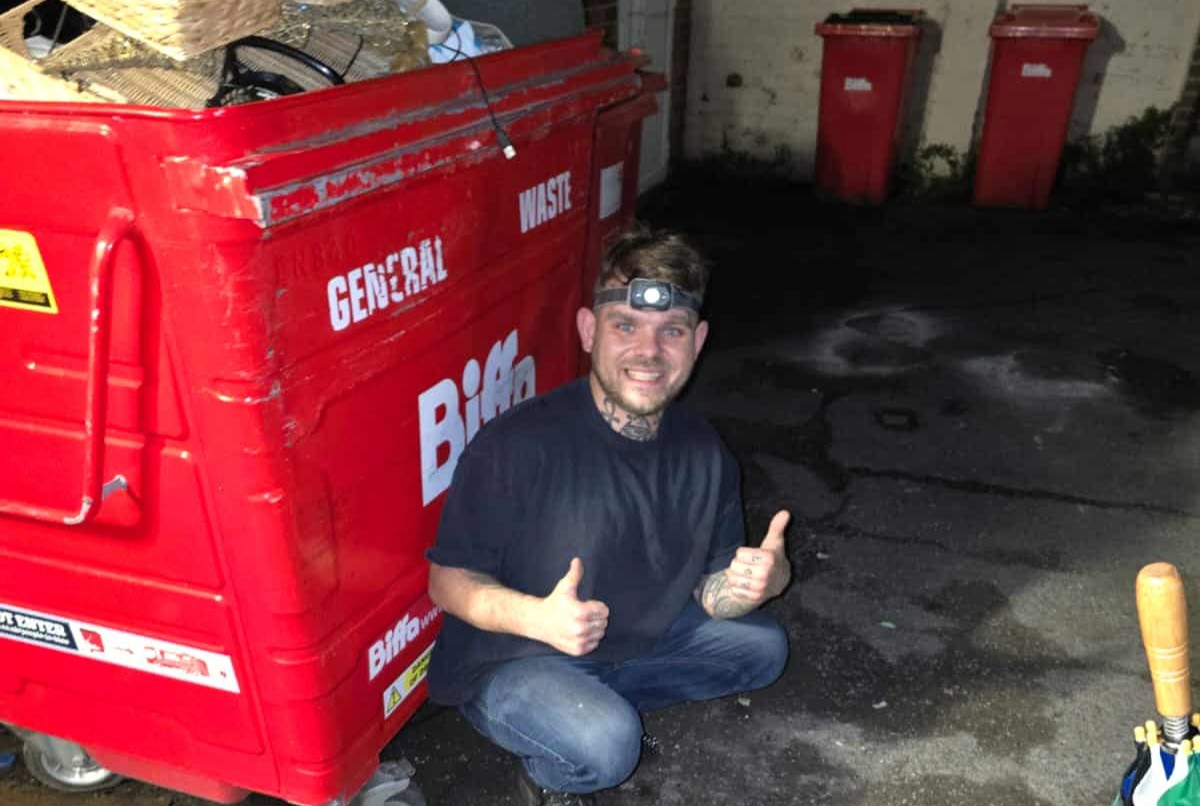 A dumpster diver from Portsmouth makes £600 a month rescuing valuable items like jewellery and designer bags from shop bins using a storage unit to hold his incredible finds.