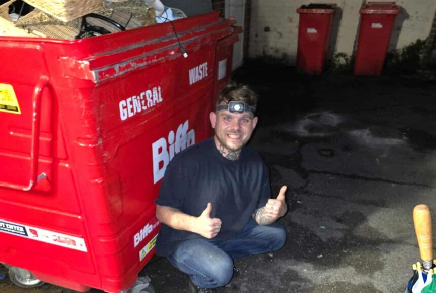 A dumpster diver from Portsmouth makes £600 a month rescuing valuable items like jewellery and designer bags from shop bins using a storage unit to hold his incredible finds.