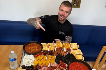 Foodie Kyle Gibson attempts 8,000-calorie breakfast challenge with 10 of everything but quits after 18 minutes. The £35 feast remains unbeaten at Houghton Health Box.