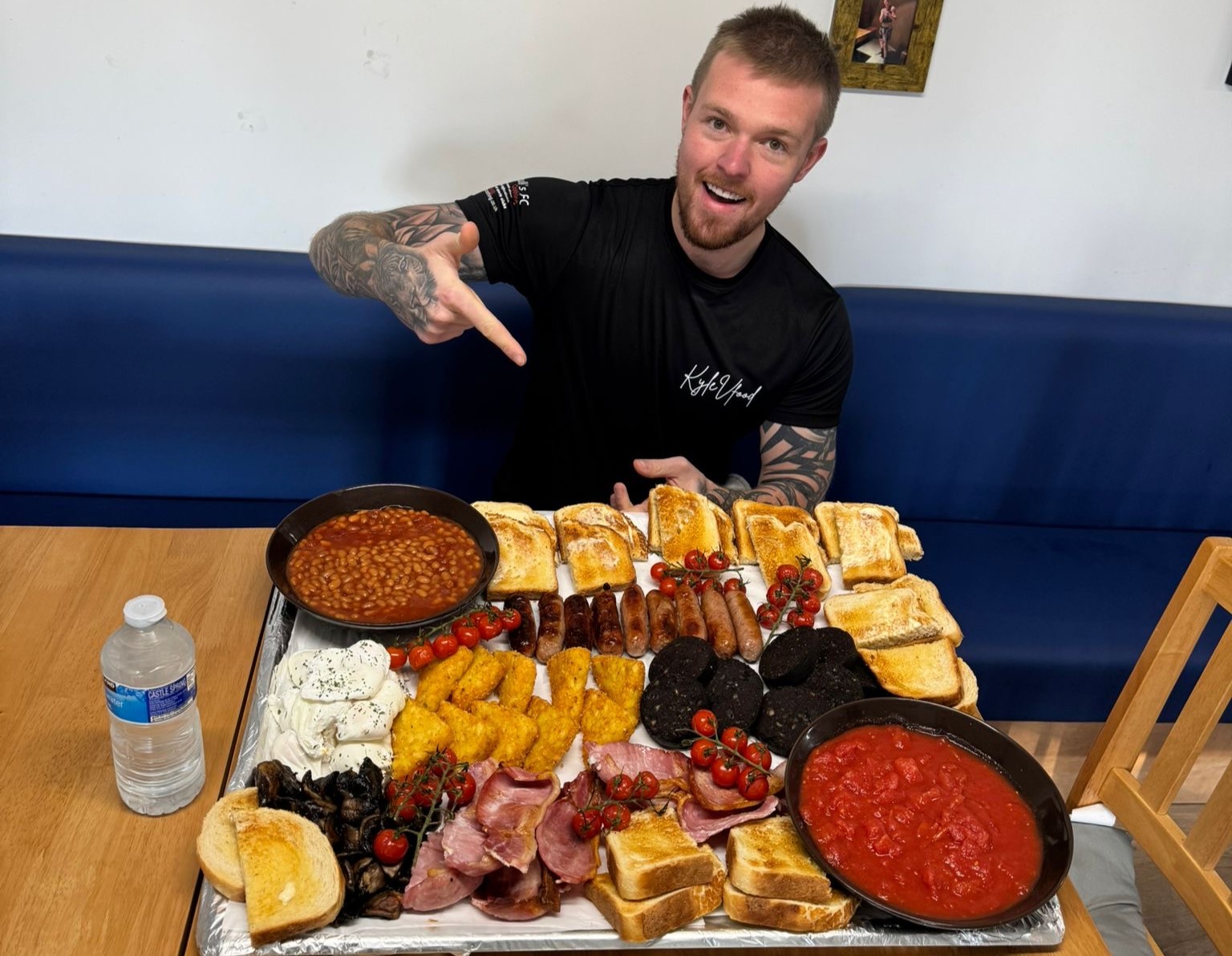 Foodie Kyle Gibson attempts 8,000-calorie breakfast challenge with 10 of everything but quits after 18 minutes. The £35 feast remains unbeaten at Houghton Health Box.