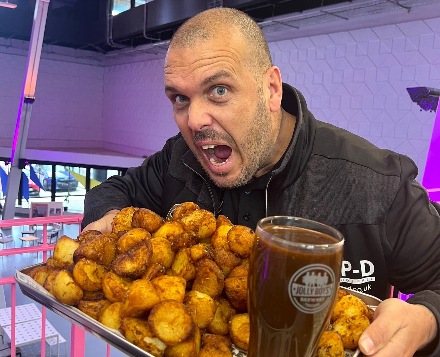 Foodie Jonny Adams tackled a 10,000 calorie roast potato challenge but quit after six minutes when the 4.5kg mountain of roasties left him bloated and sick for hours.