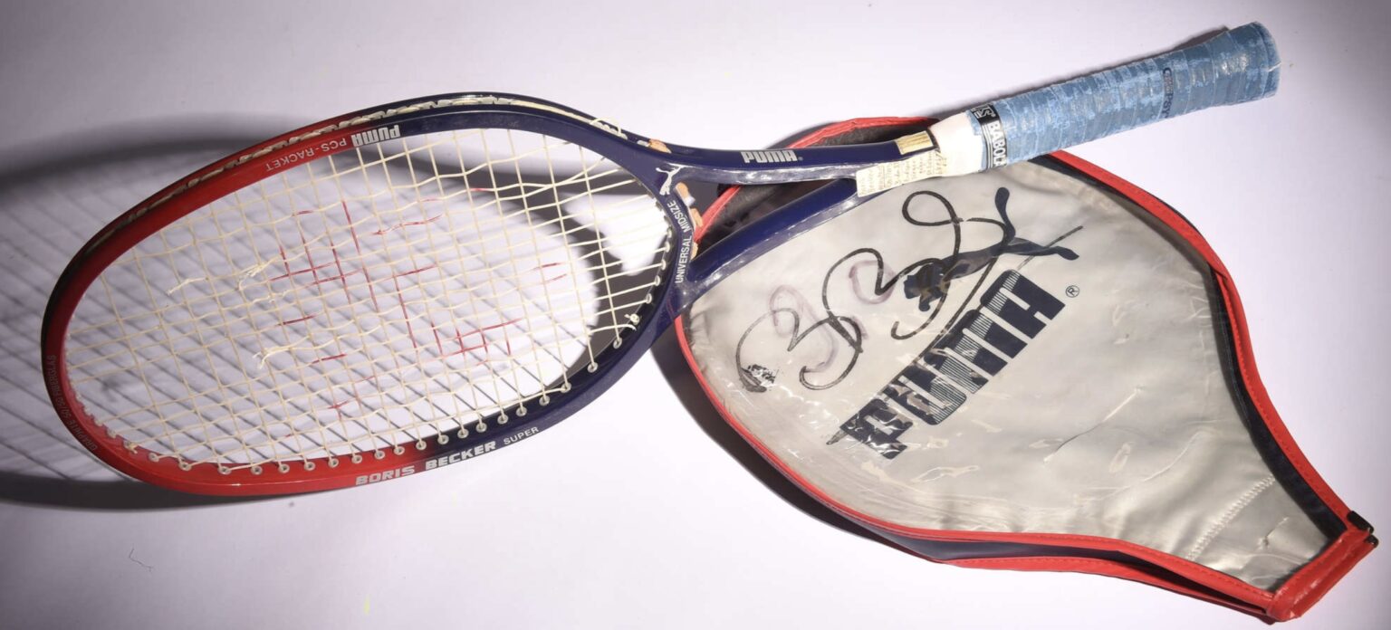 One of Boris Becker’s 1988 Puma tennis racquets, used at the World Championship Finals, is set to fetch up to £10,000 at auction alongside his trophies and memorabilia.