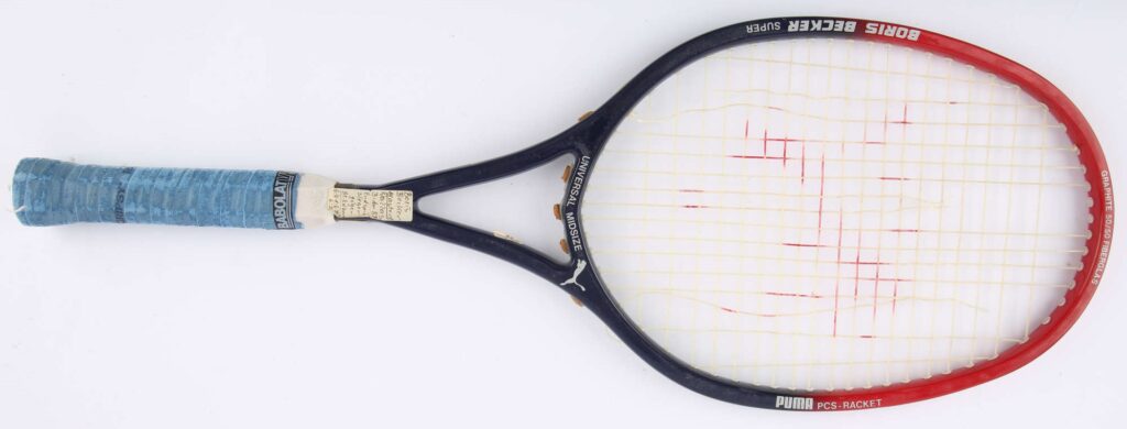 One of Boris Becker’s 1988 Puma tennis racquets, used at the World Championship Finals, is set to fetch up to £10,000 at auction alongside his trophies and memorabilia.