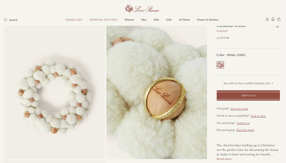 Luxury brand Loro Piana releases 2070 pound cashmere and silk Christmas wreath featuring Cashfur fabric and wooden details sparking buzz as one of the priciest festive decorations ever.