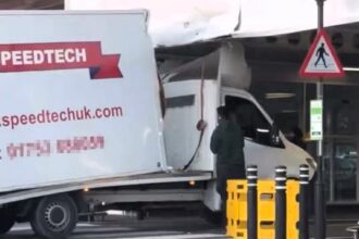A truck driver got wedged under a low ceiling at Sainsbury’s car park in Slough after misjudging the height limit - leaving the cab roof and ceiling badly damaged.