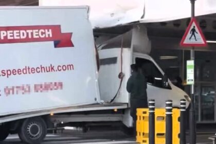 A truck driver got wedged under a low ceiling at Sainsbury’s car park in Slough after misjudging the height limit - leaving the cab roof and ceiling badly damaged.