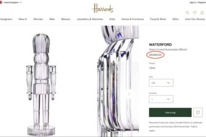 A 20650 pound Waterford lead crystal nutcracker at Harrods crafted over 100 hours by artisans offers a 65cm festive showpiece weighing 15.5kg as luxury Christmas decor today.
