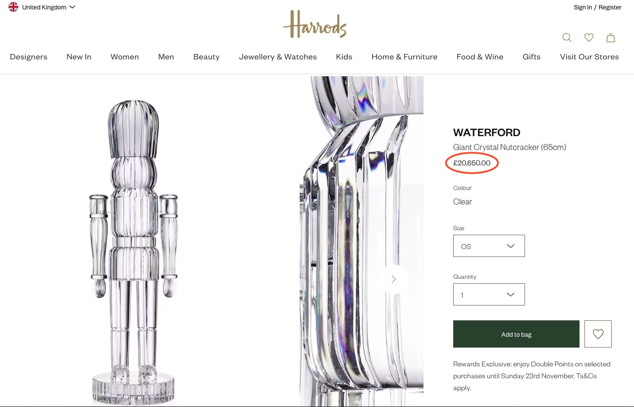 A 20650 pound Waterford lead crystal nutcracker at Harrods crafted over 100 hours by artisans offers a 65cm festive showpiece weighing 15.5kg as luxury Christmas decor today.