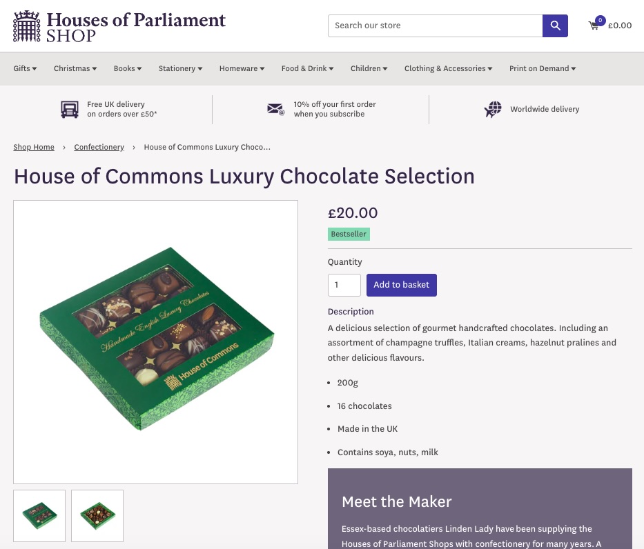 The House of Commons Christmas hamper costs £180 but buying the 13 items separately totals £150, meaning shoppers pay £30 extra just for the wooden box packaging.