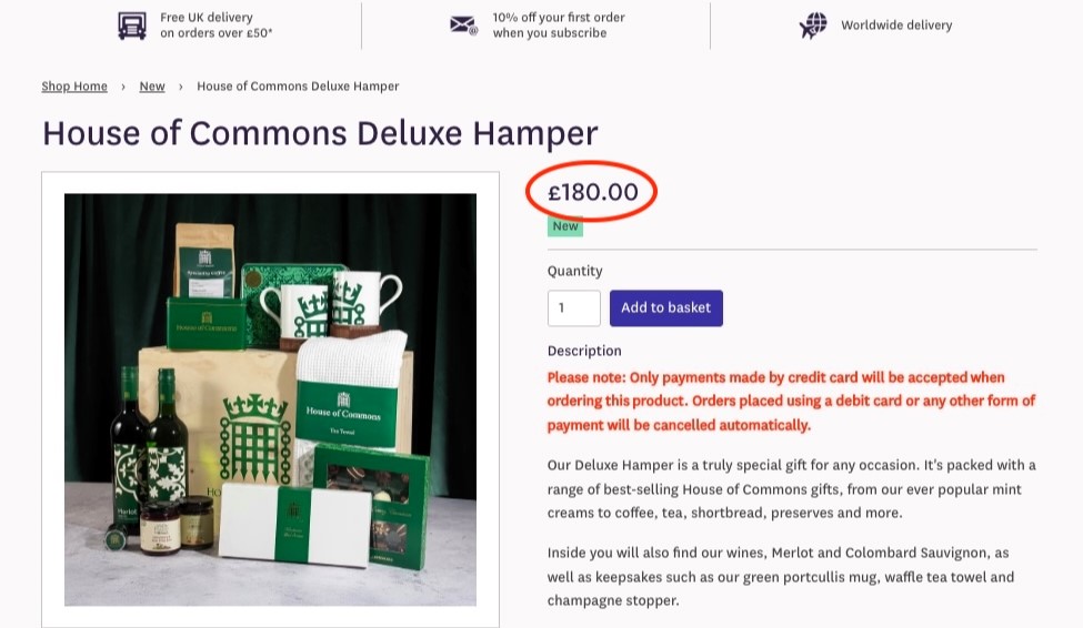 The House of Commons Christmas hamper costs £180 but buying the 13 items separately totals £150, meaning shoppers pay £30 extra just for the wooden box packaging.