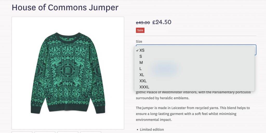 A new £45 Houses of Parliament Christmas jumper has launched featuring Santa over Big Ben but unlike last year’s design it is not available in XXXL sizes.