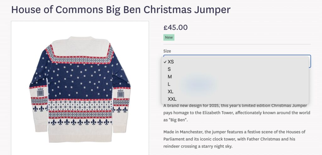 A new £45 Houses of Parliament Christmas jumper has launched featuring Santa over Big Ben but unlike last year’s design it is not available in XXXL sizes.