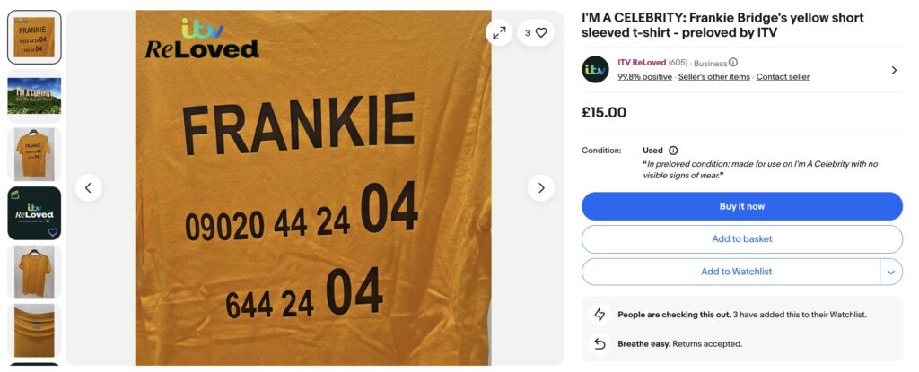 ITV is selling I’m a Celebrity jungle outfits on eBay from Richard Madeley’s gilet to Frankie Bridge’s T shirt with preloved items starting at 15 pounds as fans snap up dirty iconic gear.