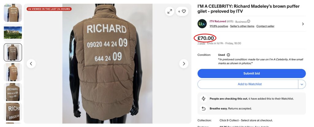 ITV is selling I’m a Celebrity jungle outfits on eBay from Richard Madeley’s gilet to Frankie Bridge’s T shirt with preloved items starting at 15 pounds as fans snap up dirty iconic gear.