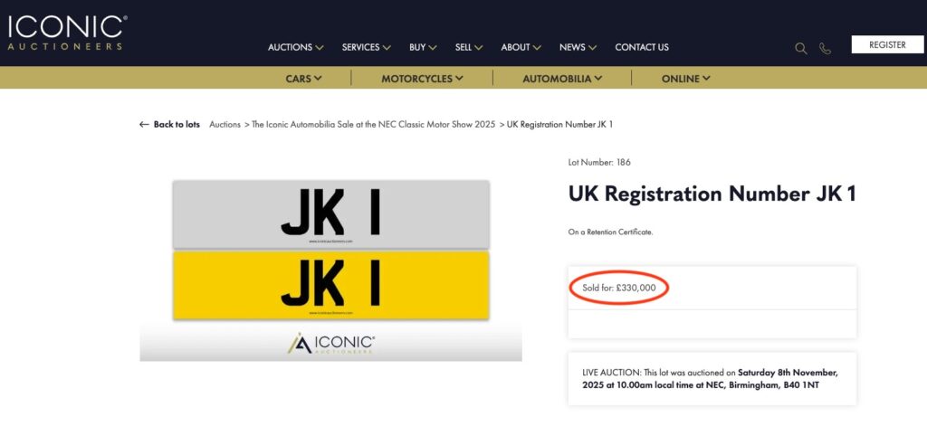 A rare JK1 number plate sold for 330000 pounds after fierce bidding at a Birmingham auction, setting a record as speculation swirled over the anonymous buyer today nowon.