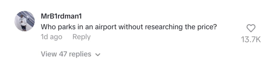 Social media comment on the post of Love Island star Reuben Collins was stunned after being charged £283 for three days of parking at Heathrow Airport - vowing to always prebook after the costly mistake.